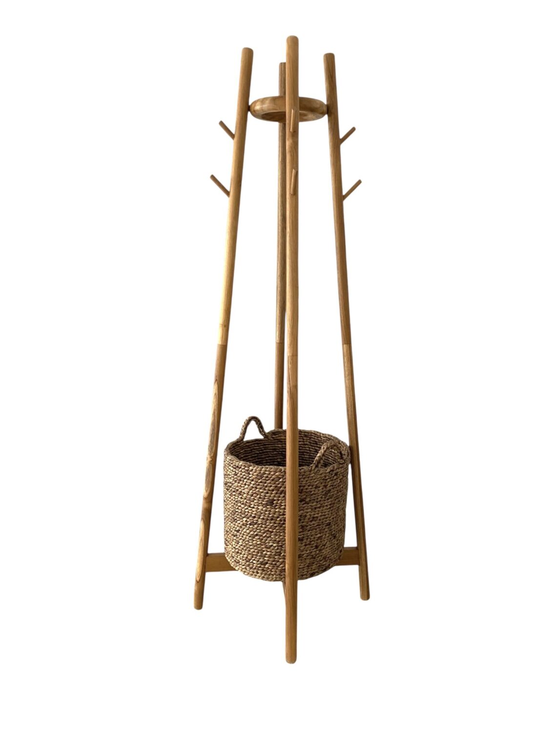 Colgador de Pie con Canasto de Madera Teca Elegante